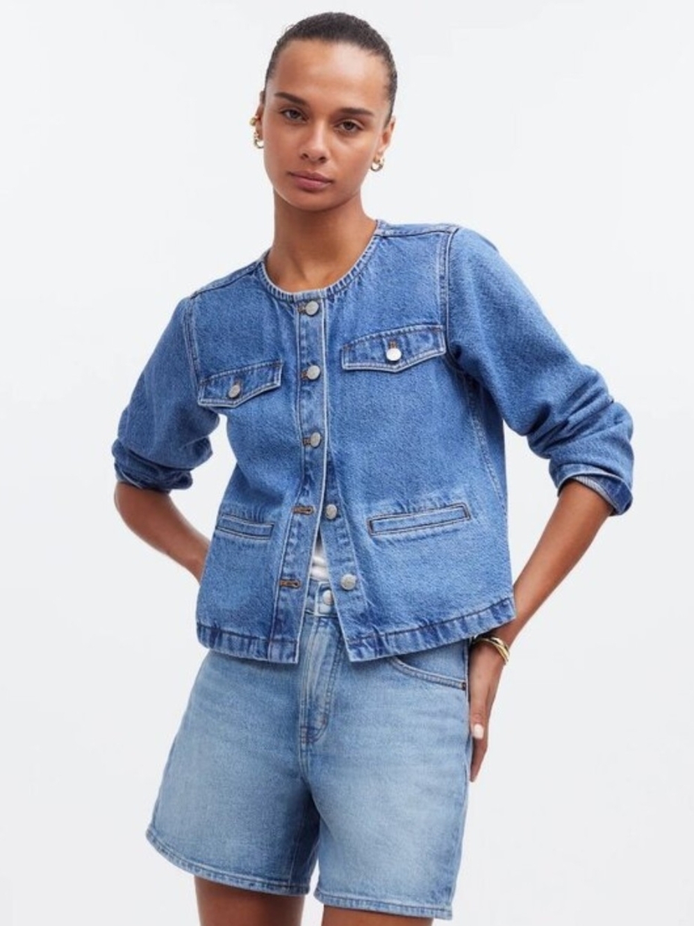Madewell Medium Blue Round Collarless Denim Jacket